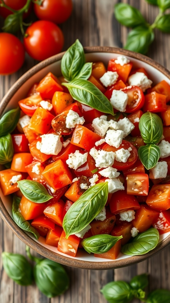 A colorful tomato basil salad with diced tomatoes, fresh basil, olive oil, and feta cheese on a wooden table.
